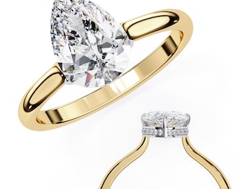 Pear Cut Lab Grown Diamond Ring 3 Carat Engagement Ring Hidden Halo Cathedral Set Gold Solitaire 14K 18K IGI Certified Bridal Promise Ring