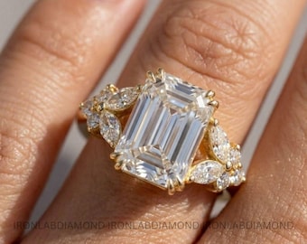 3 Carat Emerald Cut Lab Grown IGI Certified Cluster Ring Gold Engagement Ring Wedding Promise Ring Unique Nature Inspired Statement Ring