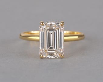 エメラルドカットソリティアリング、ラボグロウンダイヤモンド、アールデコ調エメラルドリング、ユニークでモダンな婚約指輪、ソリティアゴールドリング、女性用高級リング