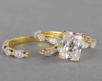 Dainty Radiant Cut Lab Grown Diamond Bridal Set 14k Gold Tulip Setting Engagement Ring Unique Open Wrap Wedding Band Gold Ring Set for Women
