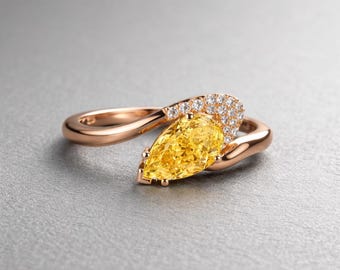 IGI Yellow Pear Diamond Ring 2 Carat Lab Grown Diamond Bypass Shank Ring 14K Gold Unique Statement Art Deco Ring Gift for Her Stackable Ring