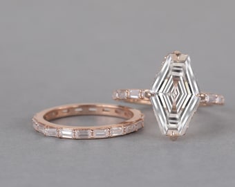 Lozenge Cut Moissanite Diamond Ring Set Gold Bridal Ring Set Modern Wedding Ring Set For Women Bridal Jewelry Eternity Wedding Band