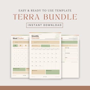 Op de afbeelding: Terra Bundle sjabloon met een maandelijks overzicht, mood tracker en andere planningspagina's. De pagina's zijn in een neutraal kleurenpalet met groene en bruine accenten. De tekst "EASY & READY TO USE TEMPLATE" en "TERRA BUNDLE" zijn zichtbaar.
