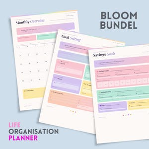 Op de afbeelding: Een verzameling pastelkleurige plannerpagina's met titels als "Monthly Overview", "Goal Setting" en "Savings Goals". De pagina's bevatten kleurrijke blokken voor notities en planning, met de tekst "BLOOM BUNDEL" en "LIFE ORGANISATION PLANNER".