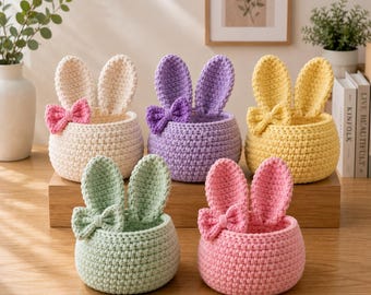 Handmade Crochet Bunny Basket | Easter Bunny Storage Basket with Bow | Cute Nursery Decor | Kids Gift | Spring Home Decor