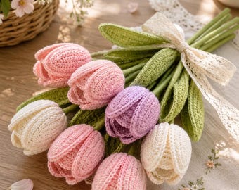 Handmade Crochet Tulip Bouquet | Multicolor Kawaii Everlasting Flowers | Soft Cotton Floral Spring Home Decor | Housewarming Gift