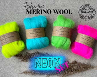 Set di lana Merino Neon - Tops di lana extra fine per infeltrimento ad ago, filatura e tessitura - Pacchetto di fibre fluorescenti brillanti - 4 colori