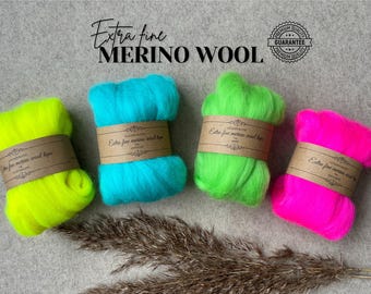 Tops di lana extra fine per infeltrimento nuno, SET di 4 colori, fascio di fibre fluorescenti brillanti