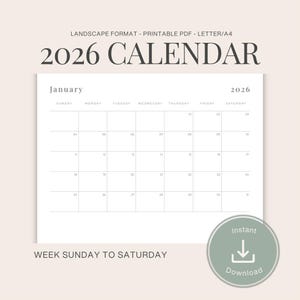 Calendrier minimal 2026 | PDF imprimable | Paysage A4 et lettre US | Début du dimanche