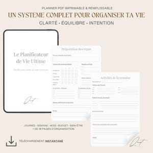 Peut inclure: Un planificateur numérique avec le texte "Le Planificateur de Vie Ultime" et "Un système complet pour organiser ta vie". Comprend des pages pour la préparation des repas et les activités hebdomadaires. Avec l'icône de téléchargement et "Téléchargement instantané".