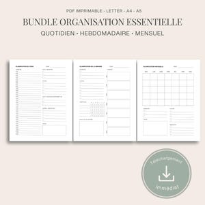 Puede incluir: Un paquete PDF imprimible con páginas de planificación diarias, semanales y mensuales. Las páginas son blancas con líneas y texto en negro, con secciones para programar, listas de tareas y notas. El título dice "BUNDLE ORGANISATION ESSENTIELLE".