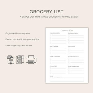Puede incluir: Una lista de compras imprimible con el t&iacute;tulo "Grocery List". La lista est&aacute; organizada por categor&iacute;as como frutas y verduras, carne y mariscos, snacks y bebidas, cuidado personal y otros.