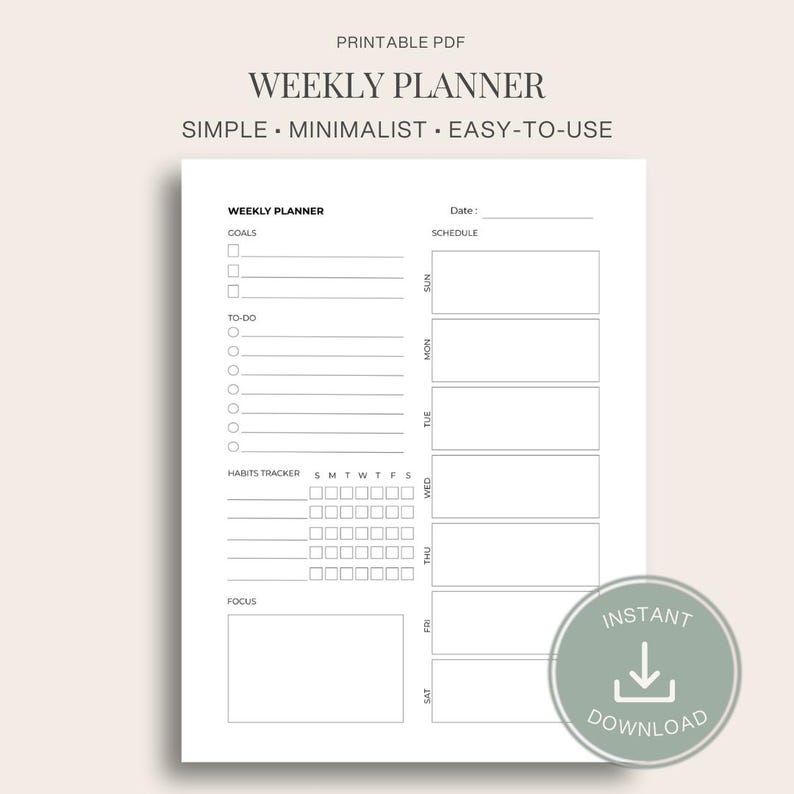 Minimalist Weekly Planner | Printable PDF, Habit Tracker - Etsy