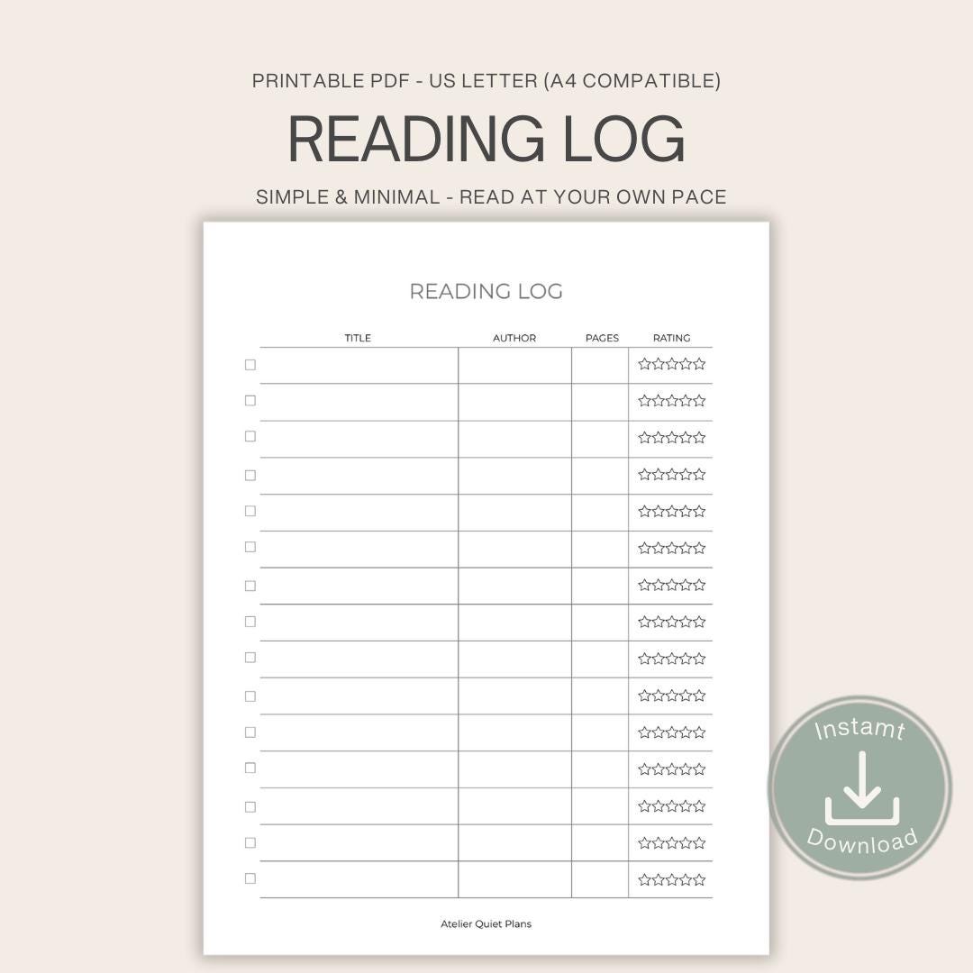 Minimalist Reading Log | Printable Book Tracker (PDF Download) - Etsy