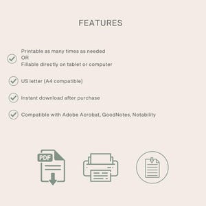 Puede incluir: Anuncio de un producto digital con la palabra &laquo;CARACTER&Iacute;STICAS&raquo;. El texto describe el producto como imprimible, rellenable, tama&ntilde;o carta estadounidense (compatible con A4) y de descarga instant&aacute;nea. Se muestran iconos de PDF, impresora y documento.