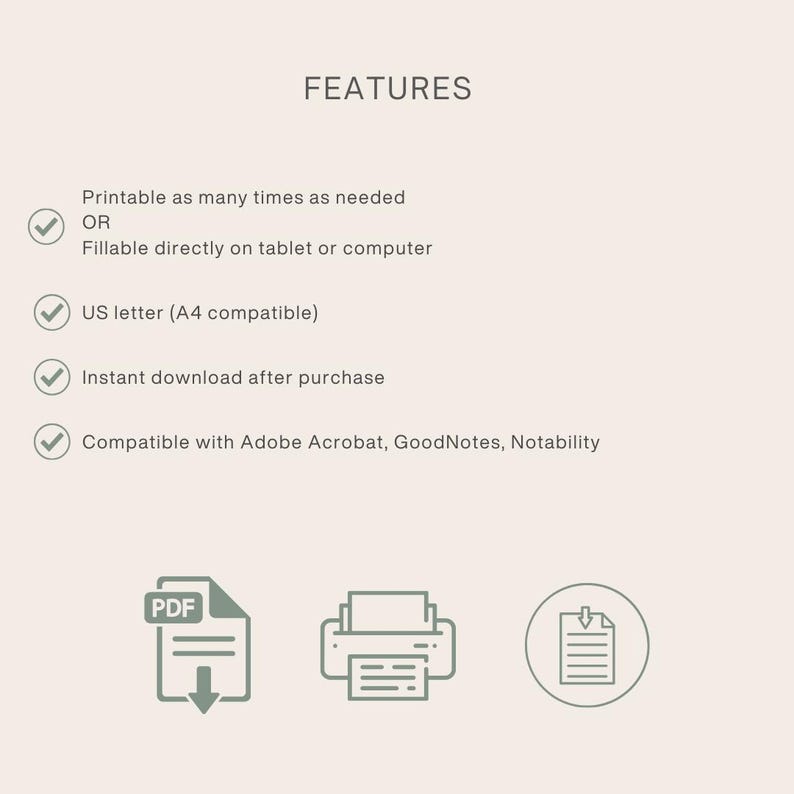 Puede incluir: Anuncio de un producto digital con la palabra &laquo;CARACTER&Iacute;STICAS&raquo;. El texto describe el producto como imprimible, rellenable, tama&ntilde;o carta estadounidense (compatible con A4) y de descarga instant&aacute;nea. Se muestran iconos de PDF, impresora y documento.