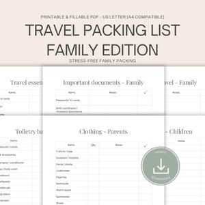 May include: A printable travel packing list for families in PDF format. The document includes sections for travel essentials, important documents, and clothing for parents and children. The design is simple with a light background and black text.