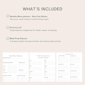Puede incluir: Un conjunto de planificadores beige con el texto "WHAT'S INCLUDED" en la parte superior. El conjunto incluye un planificador de men&uacute; semanal, una lista de compras y un planificador de preparaci&oacute;n de comidas. Los planificadores est&aacute;n dise&ntilde;ados para organizar comidas y compras.