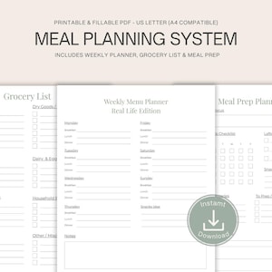 May include: A printable meal planning system with a weekly menu planner, grocery list, and meal prep section. The design includes a light green color scheme and the text "MEAL PLANNING SYSTEM". The system is US Letter and A4 compatible.
