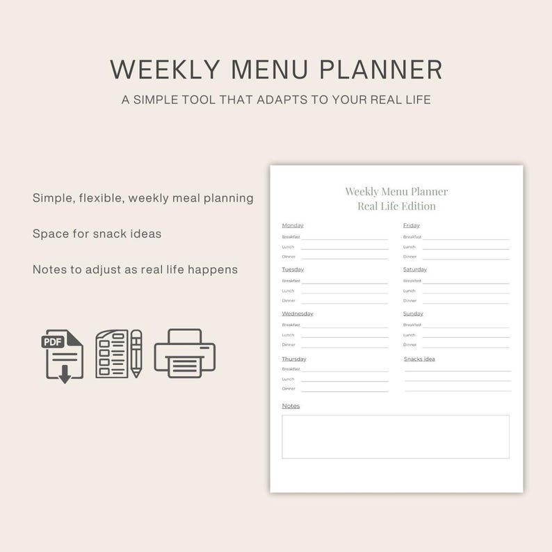 Puede incluir: Un planificador de men&uacute; semanal imprimible con el texto "Weekly Menu Planner Real Life Edition". El planificador incluye secciones para cada d&iacute;a de la semana, con espacio para comidas y snacks. El dise&ntilde;o es simple y flexible.