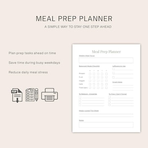 Puede incluir: Un planificador de preparaci&oacute;n de comidas beige con el t&iacute;tulo "Meal Prep Planner" y el lema "A Simple Way to Stay One Step Ahead". El planificador incluye secciones para el enfoque semanal de comidas, una lista de verificaci&oacute;n de comidas equilibradas y notas.