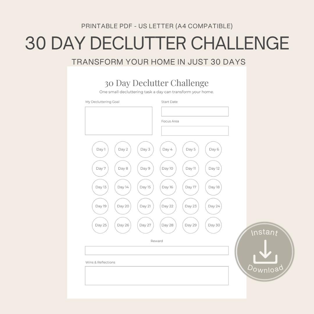 30 Day Declutter Challenge Printable | Home Organization Tracker ...