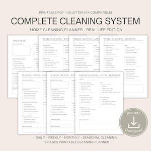 Peut inclure: Un planificateur de nettoyage PDF imprimable sur fond blanc. Le planificateur comprend des sections pour les tâches de nettoyage quotidiennes, hebdomadaires, mensuelles et saisonnières. Le texte comprend "Complete Cleaning System". L'image a un bouton "Téléchargement instantané".