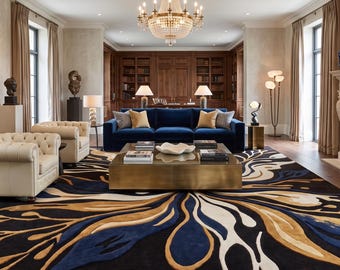 Hand Tufted Wool Rug – Navy Blue Gold Abstract Area Carpet (8x10 9x12)