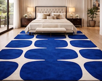 Hand-tufted wool rug, Modern Large Area Carpet BLUE and IVORY rug for Living room, Bedroom, Nursery, Entryway, Office Area rug 5x8 8x10 9x12
