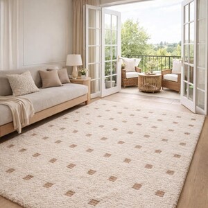 Hand Tufted Wool Rug - Cream & Beige Polka Dot Grid Rug - Large Area Rug for Living Room, Bedroom -Sage Thick Pile Boho Rug, 8x10 Area rug