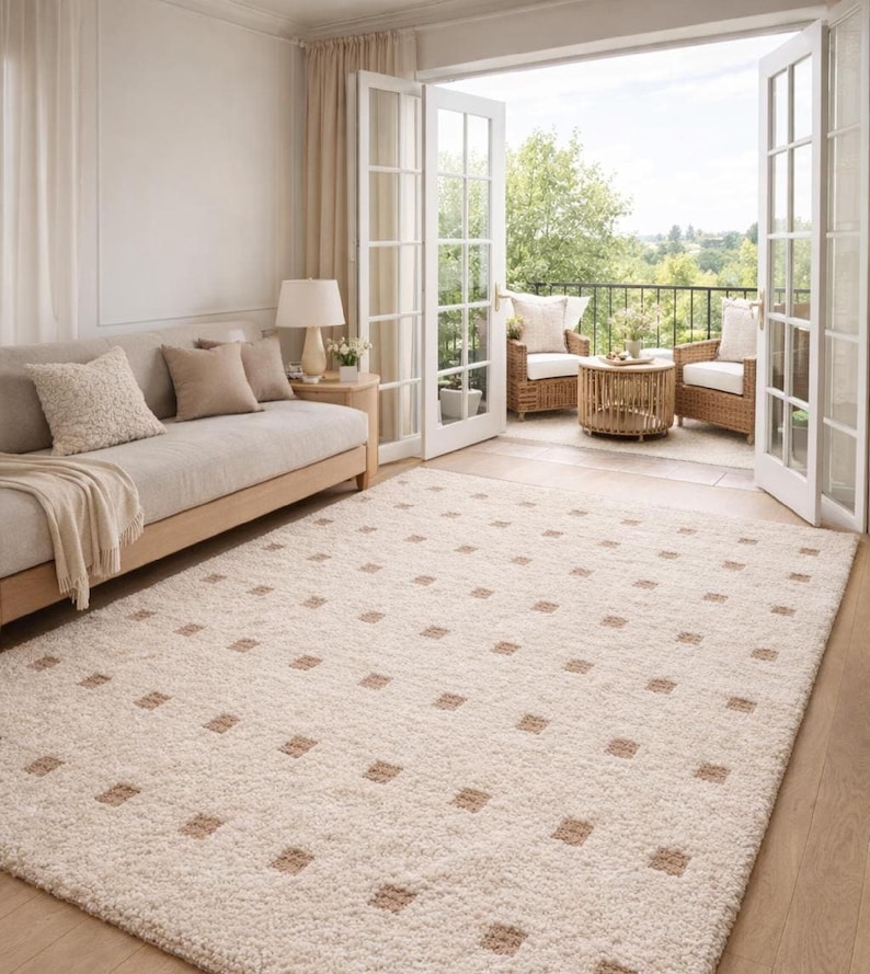 Hand Tufted Wool Rug - Cream & Beige Polka Dot Grid Rug - Large Area Rug for Living Room, Bedroom -Sage Thick Pile Boho Rug, 8x10 Area rug