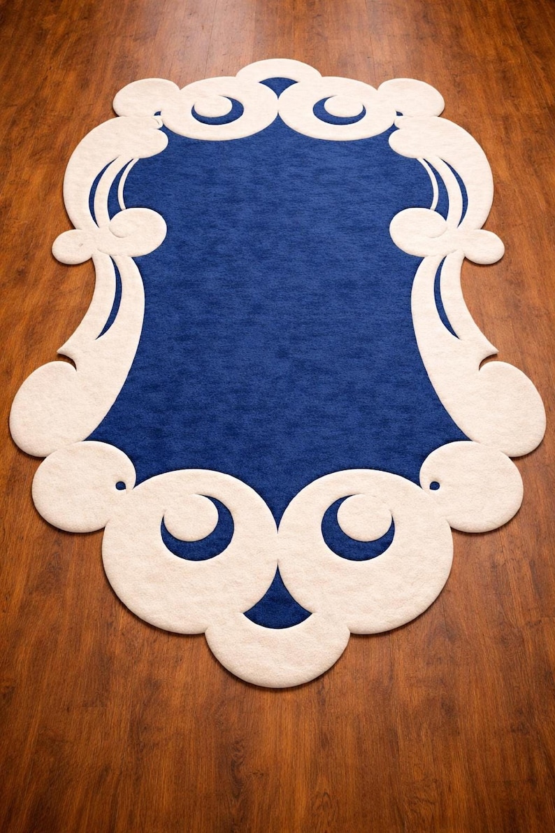 Handmade Royal Blue & Cream Irregular Rug - Large Area Modern Abstract Tufted Carpet for Living Room, Bedroom, Contemporary, 5x8, 8x10, 9x12