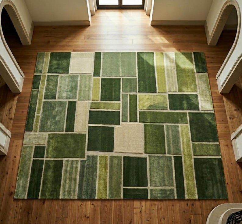 Hand Tufted Rug, Modern Rug Design In Terracotta, Sage Green And Beige Area Rug, High Low Texture Rug, Soft Floor Rug, Luxury Home Decor