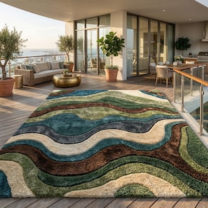 Large Area Rug — Retro Boho Shag Tufted Rug, Mid-Century Modern Living Room Carpet, Green, Brown & Cream Abstract Accent
