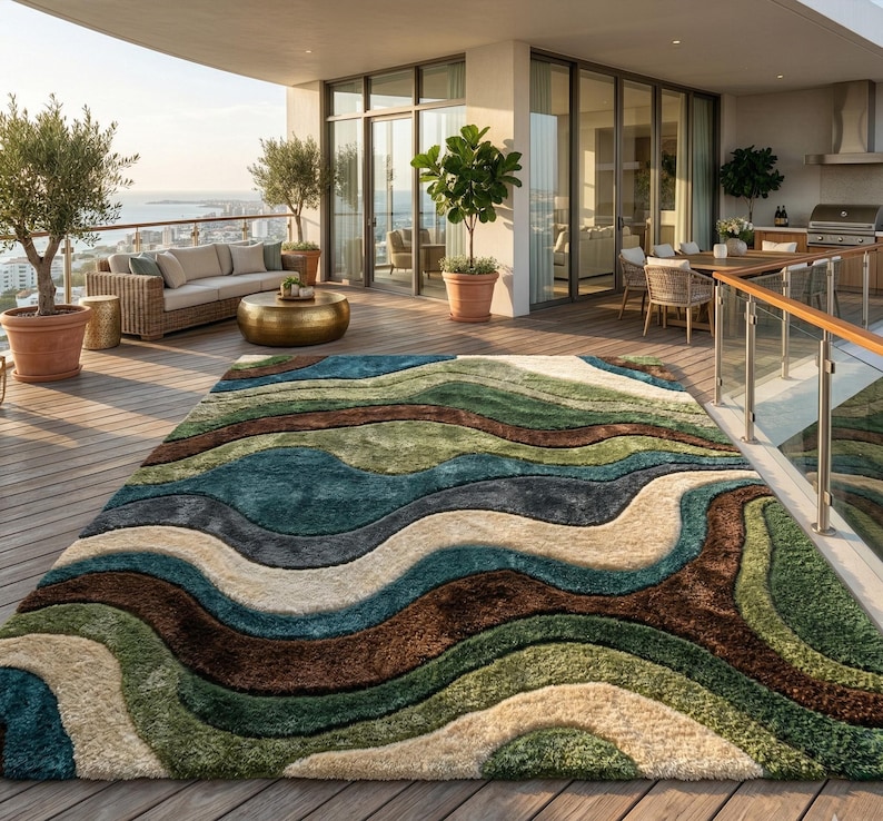 Large Area Rug — Retro Boho Shag Tufted Rug, Mid-Century Modern Living Room Carpet, Green, Brown & Cream Abstract Accent