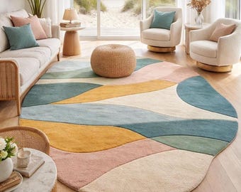 Neutral Abstract Hand Tufted Rug | Modern Geometric Designer Carpet | Living Room Area Rug