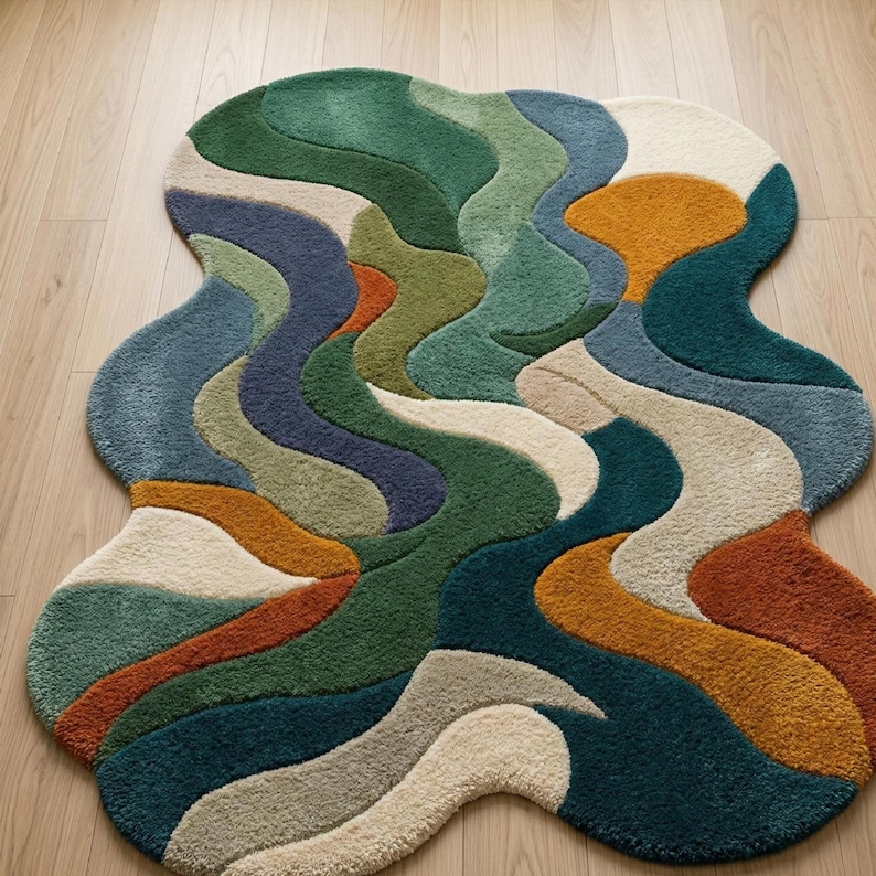 Colorful rug, Hand-Tufted Rug- Abstract Wavy Design in Forest Green, Teal, Terracotta, Luxurious Large Area Rug for Living Room & Bedroom