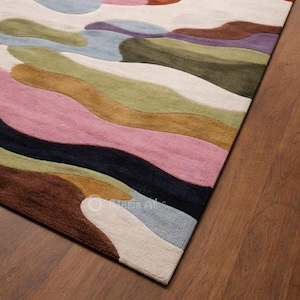 Modern Abstract Wavy Rug, Hand Tufted Wool Area Rug, Colorful ...