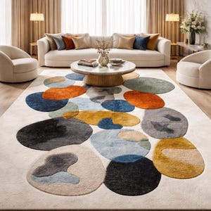 Mid century rug style, Modern Abstract Organic Carpet Beige, Blue, Mustard Orange Contemporary Rugs for living room, Bedroom 9x12 rugs