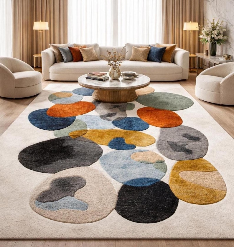 Mid century rug style, Modern Abstract Organic Carpet Beige, Blue, Mustard Orange Contemporary Rugs for living room, Bedroom 9x12 rugs