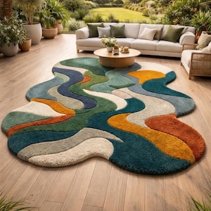 Colorful rug, Hand-Tufted Rug- Abstract Wavy Design in Forest Green, Teal, Terracotta, Luxurious Large Area Rug for Living Room & Bedroom
