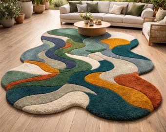 Hand-Tufted Rug Abstract, Soft Shag Rug, Colorful High Pile Modern Rug