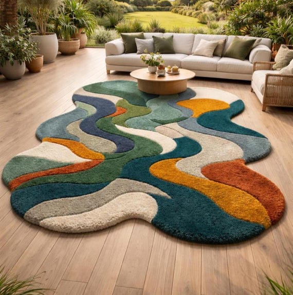 Hand-Tufted Rug Abstract, Soft Shag Rug, Colorful High Pile Modern Rug