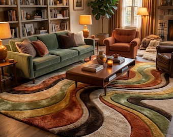Hand Tufted Wool Rug - Retro Wavy Abstract Rug for Living Room, High Pile Plush Texture, Mid Century Modern Area Rug, Earth Tone Decor