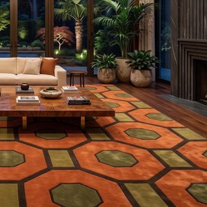 Mid Century Modern Geometric Hand Tufted Wool Rug, Retro 70s Hexagon Area Rug, Orange Green Living Room Carpet, 8x10 9x12, handmade Rug