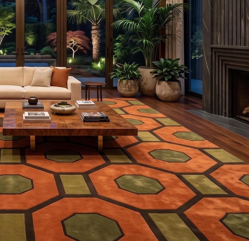 Mid Century Modern Geometric Hand Tufted Wool Rug, Retro 70s Hexagon Area Rug, Orange Green Living Room Carpet, 8x10 9x12, handmade Rug