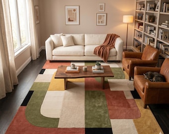 Abstract Geometric Hand Tufted Area Rug, Mid Century Modern Color Block Carpet, Terracotta Mustard Green Art Rug for Living Room & Bedroom