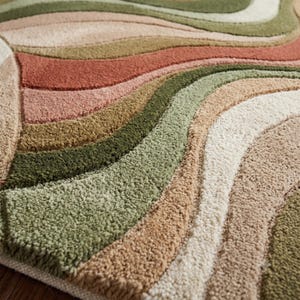 Modern Abstract Hand-Tufted Area Rug in Sage Green, Terracotta & Beige – High-Low Texture Soft Carpet for Living Room