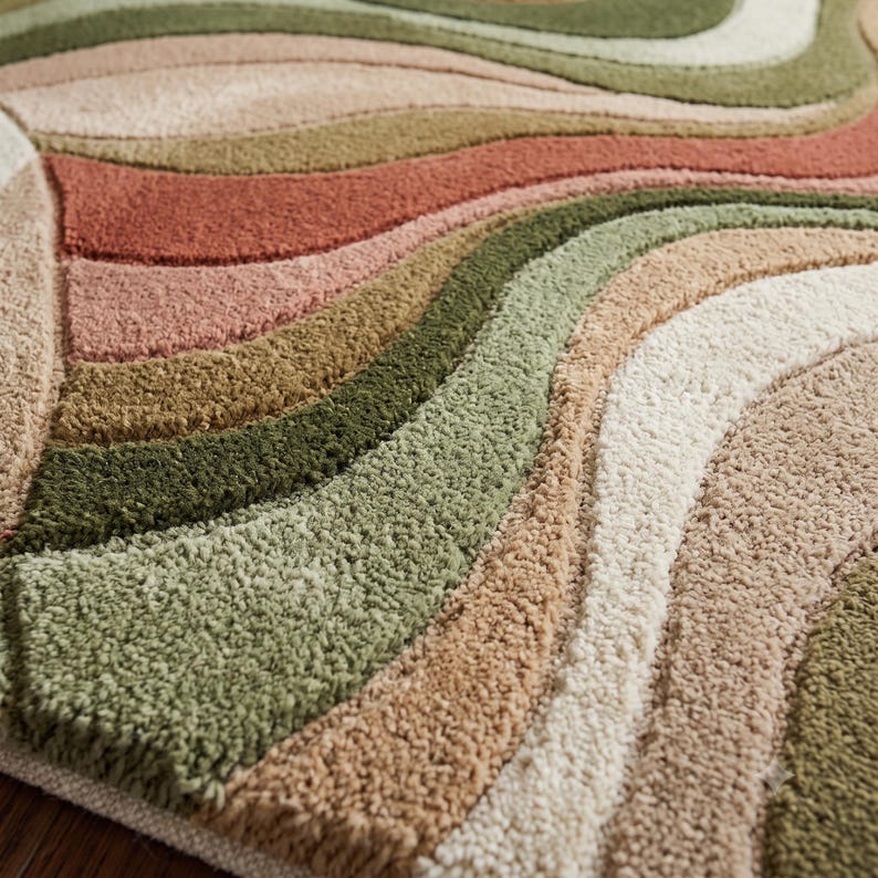 Modern Abstract Hand-Tufted Area Rug in Sage Green, Terracotta & Beige – High-Low Texture Soft Carpet for Living Room
