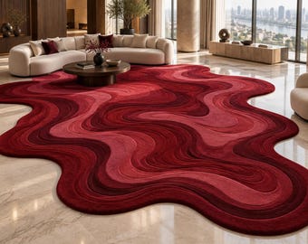 Hand Tufted Red Abstract Area Rug, Luxury Irregular Shaped Rug, 3D Carved Modern Wool Carpet, Contemporary Living Room Rug, Custom Size Rug